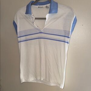 Vintage Women's White and Light Blue Striped Polo Shirt